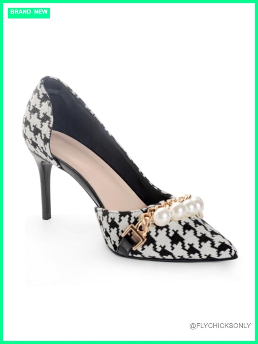 Women's Houndstooth Stiletto Heels Pearl Chain Pointed Toe Dressy Pumps